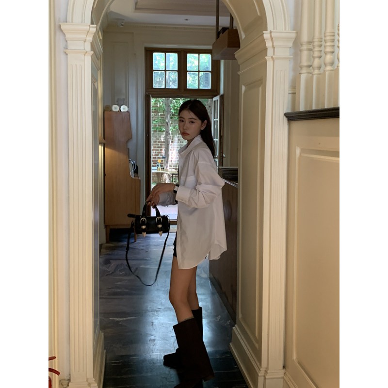 Heeoo 高级感白色衬衫女春季上衣大版宽松慵懒风纯棉中长款衬衣