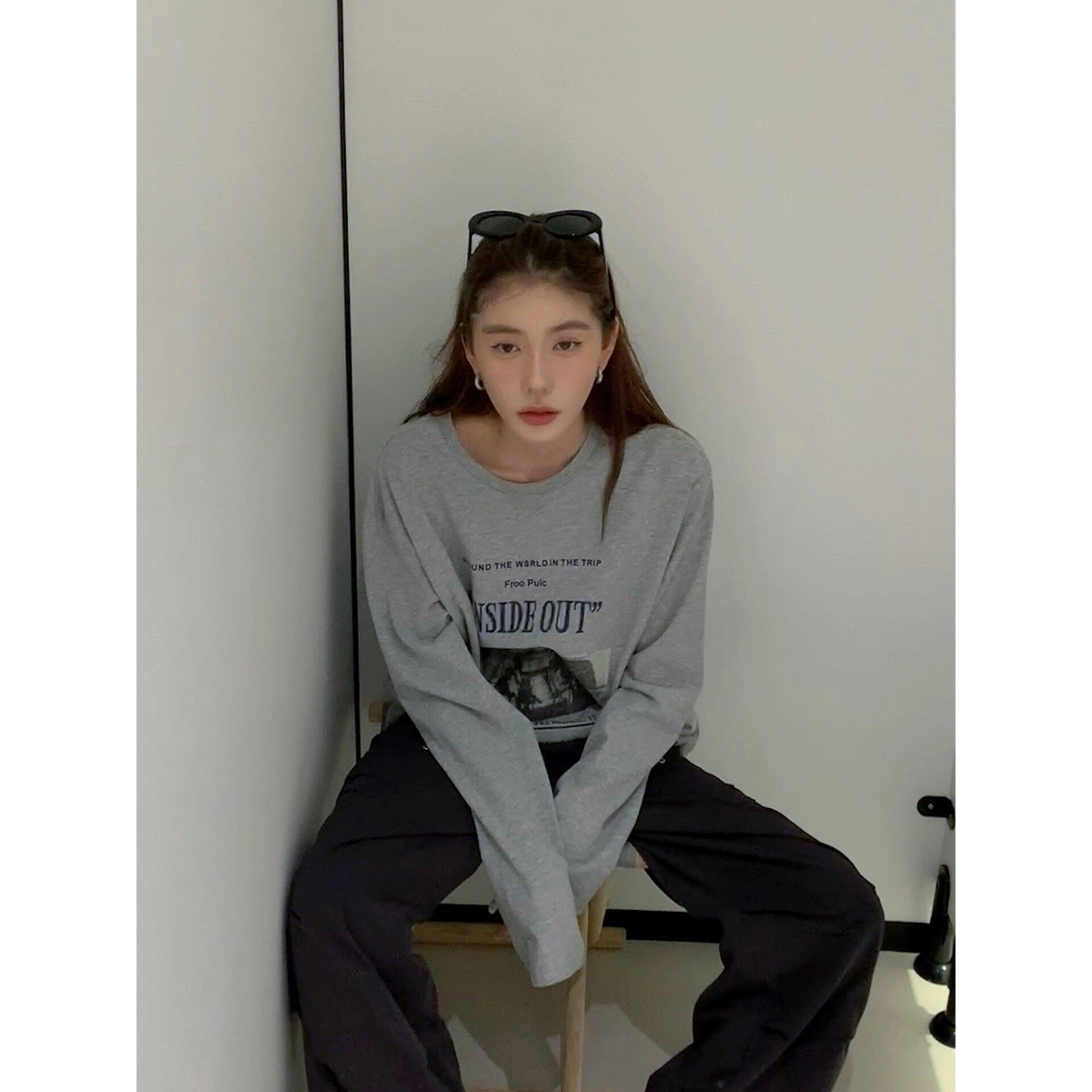 Halo Luu 灰色长袖t恤女春季新款韩系字母印花纯棉慵懒风宽松上衣