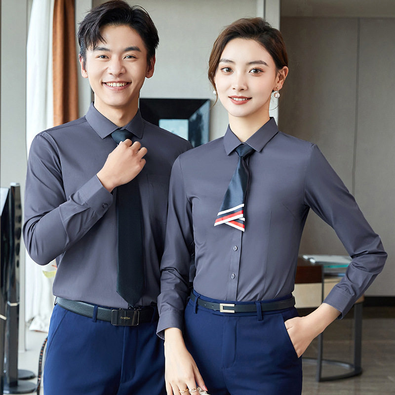 2024职业套装长袖蓝衬衣男女衬衫