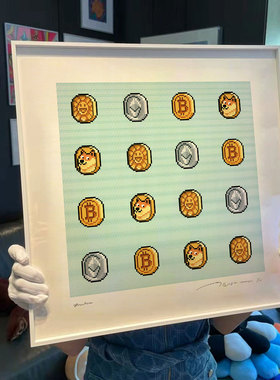 趣味卡通比特币小众卡通中华田园犬装饰画恶搞金币版画工作室酒吧