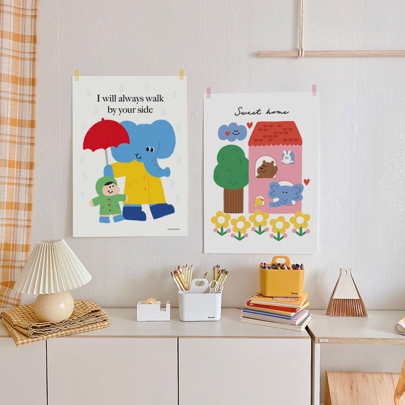 多巴胺奶油风卡通可爱日韩温馨儿童房蓝色大象海报自粘背胶画芯