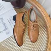 慢先森 910 复古文艺牛皮圆头系带单鞋 女深口真皮舒适中跟女鞋