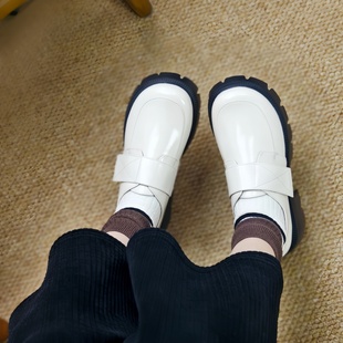 360 慢先森2024新款 牛皮舒适圆头英伦厚底魔术贴深口小皮鞋