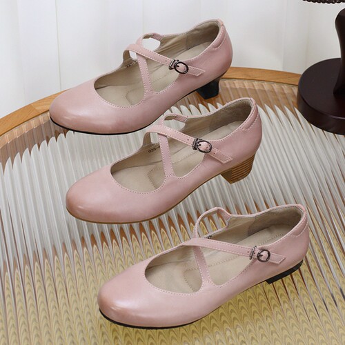 芭蕾风圆头交叉带头层牛皮手工鞋