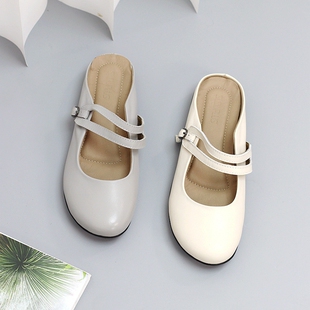 176 休闲软牛皮透气米白圆头平底女包头凉拖 24年夏季 慢先森