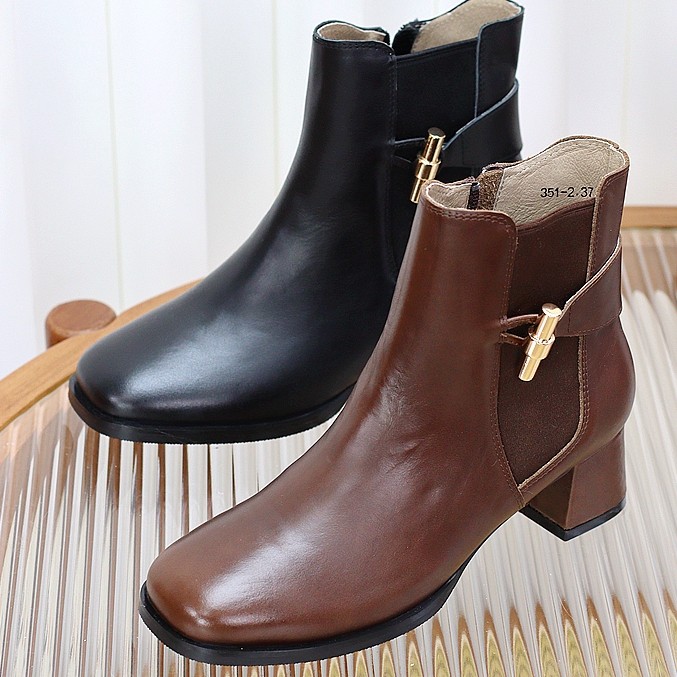 慢先森上新 高跟复古手工真皮侧拉链方头时装秋冬女马丁靴 351-2