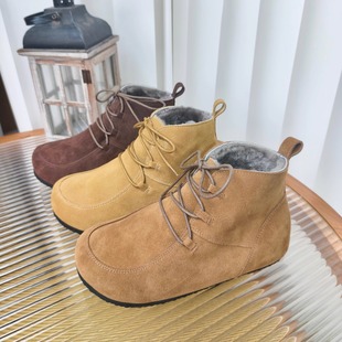 慢先森 反绒皮系带女短靴羊毛里加绒保暖平底休闲裸靴子 323-21