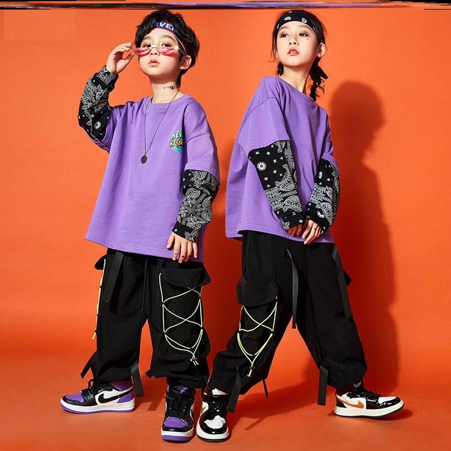 嘻哈街舞服宽松迷彩裤走秀黑红红白格子套装hiphop夏天国风破洞