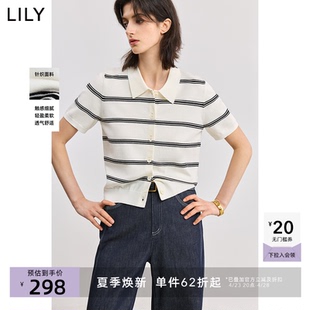 LILY2025夏新款女装学院风翻领条纹短款小上衣轻薄白色短袖针织衫