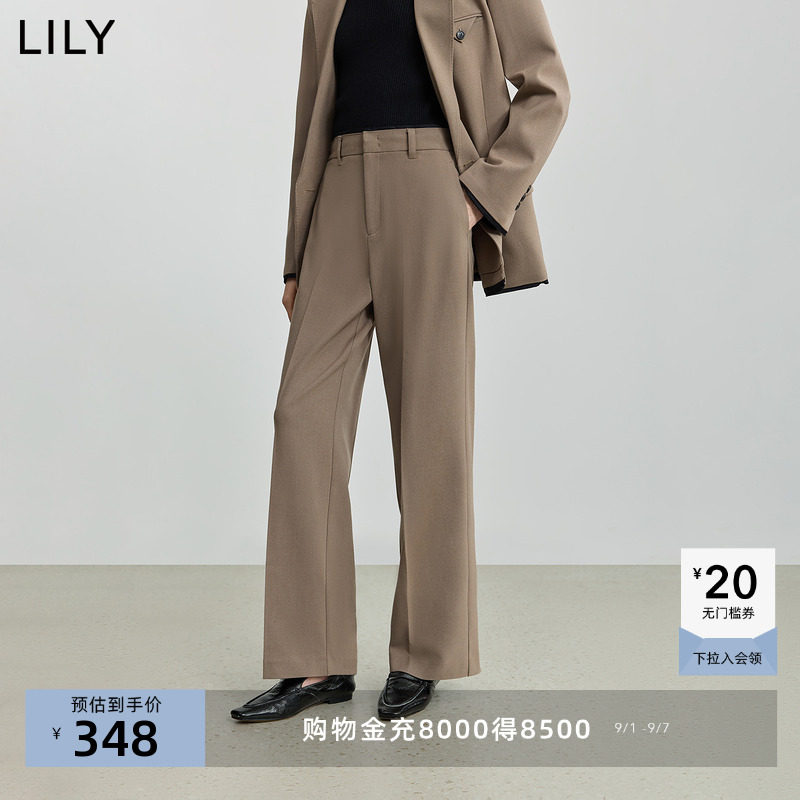 LILY2025冬新款女装含羊毛老钱风撞色拼接气质职业通勤直筒裤西裤