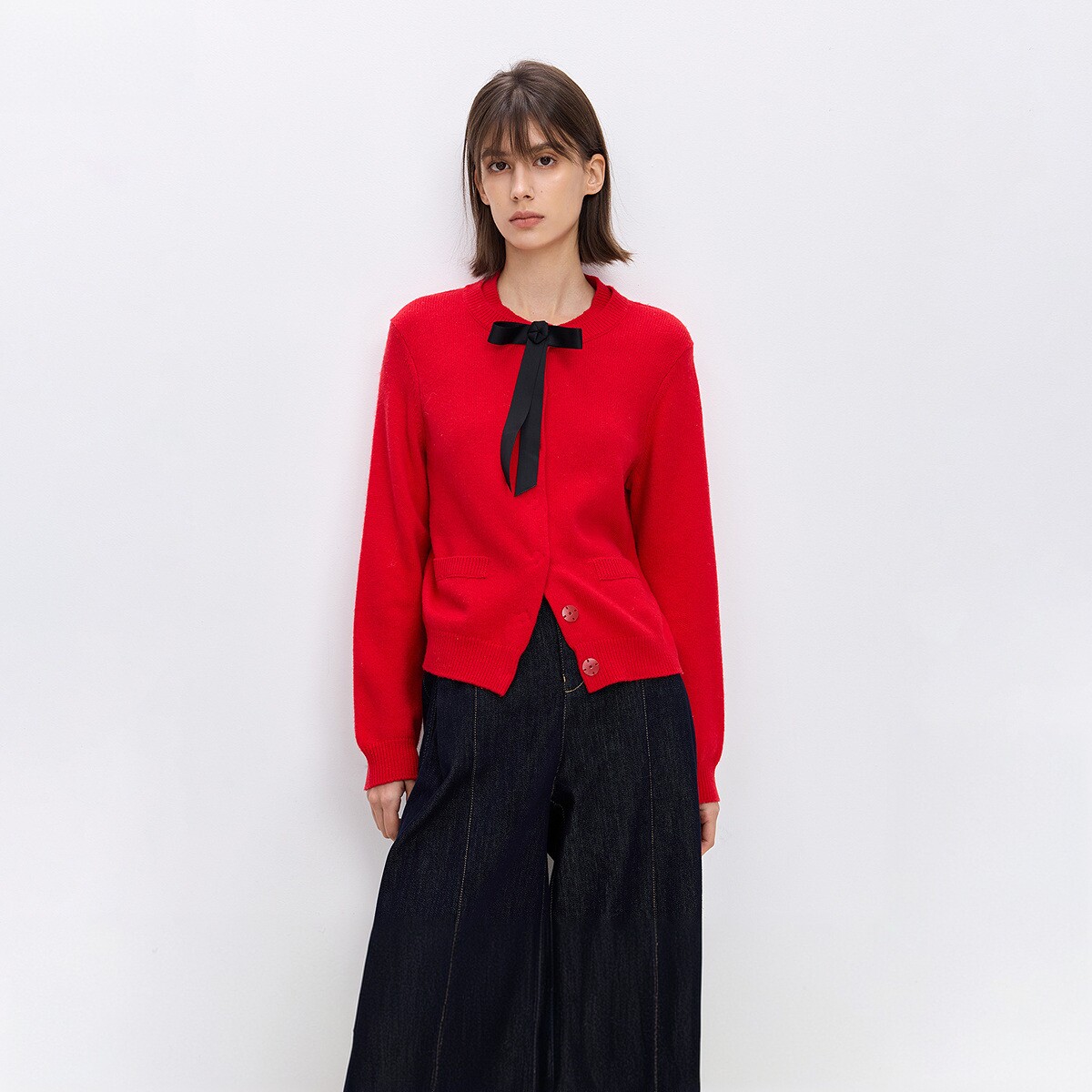 LILY2026春新款女装羊毛混纺蝴蝶结圣诞新年节日红色针织开衫外套