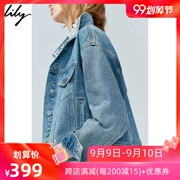 Lily2019 mùa thu mới của phụ nữ ngọc trai nước ngoài cổ áo bỏ túi denim giản dị áo khoác ngắn 3909 - Áo khoác ngắn