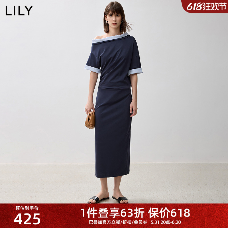 LILY2025夏新款时尚撞色袖口设计感褶皱收腰显瘦宽松直筒连衣裙子