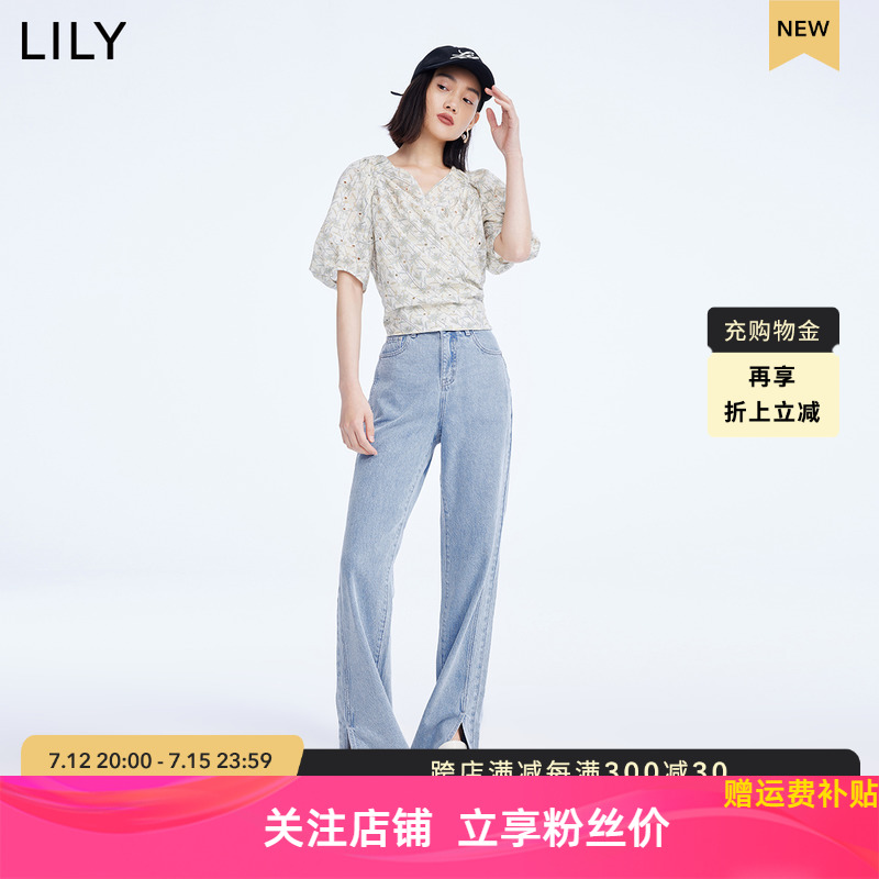 【商场同款】LILY2022秋新款女装舒适全棉开叉显瘦高腰微喇牛仔裤 女装/女士精品 牛仔裤 原图主图