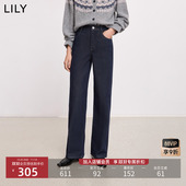 LILY2025冬新款 女长裤 复古深色休闲通勤百搭加绒原色直筒裤 牛仔裤