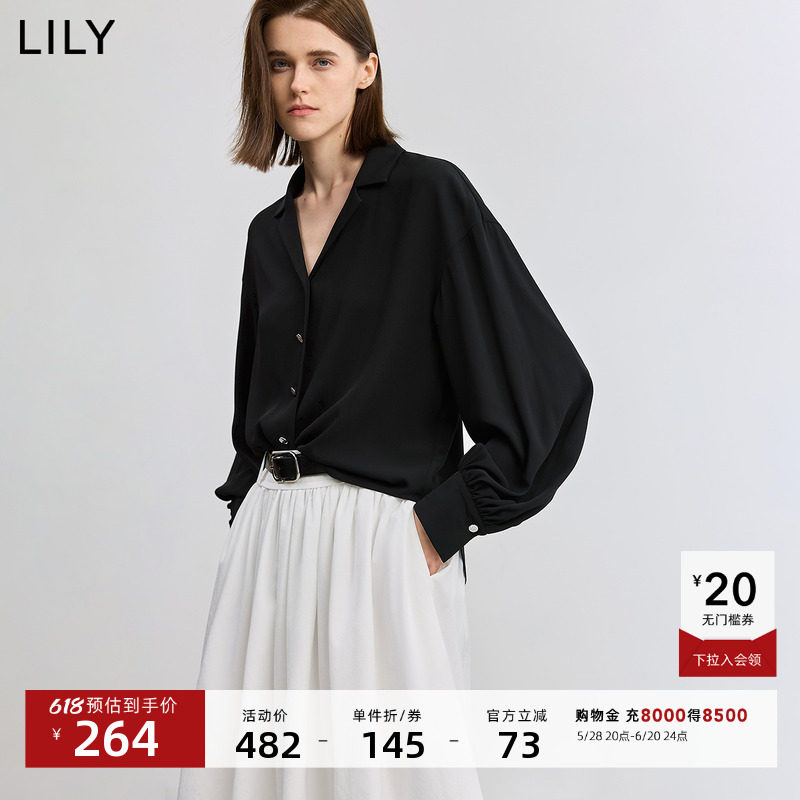LILY2025夏新款女装经典黑色古巴领高级法式职业通勤宽松雪纺衬衫