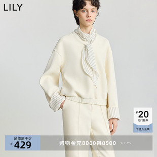 LILY2025冬新款设计感条纹飘带领雪尼尔休闲落肩长袖米白色卫衣女