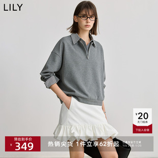 LILY2025春新款格雷系学院风设计感假两件格纹宽松休闲百搭卫衣女