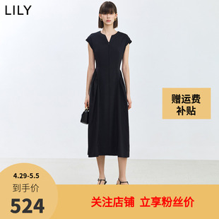 设计感拼接时尚 宽肩气质高腰修身 女装 LILY2024夏新款 连衣裙小黑裙