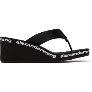 24春夏 Alexander Wang GSG 黑色字母印花尼龙人字坡跟拖鞋