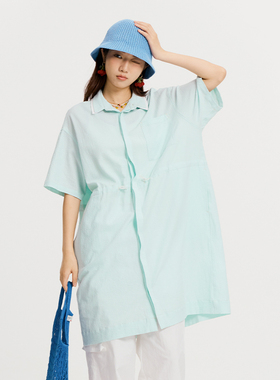 BuPaiDui 中长款休闲运动连衣裙夏季薄款衬衣双领宽松短袖衬衫裙