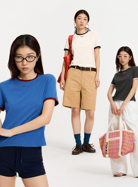 BuPaiDui 7A抗菌撞色圆领T恤女复古运动风修身短袖宽肩带背心上衣