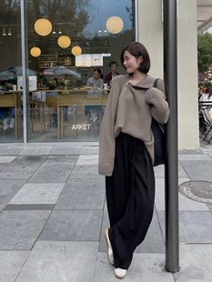 大表姐刘雯同款~温暖栗子色~不对称斜开襟拉链~ 慵懒羊毛针织毛衣