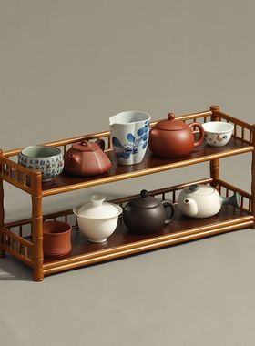 中式禅意复古竹制席面杯架茶壶架 双层茶棚竹茶托 功夫茶具收纳架