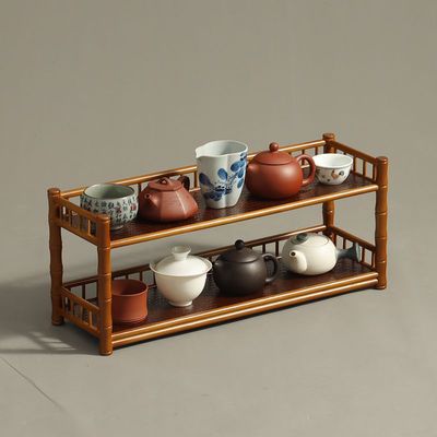 中式禅意复古竹制席面杯架茶壶架 双层茶棚竹茶托 功夫茶具收纳架