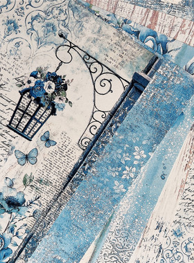 junk journal复古浅蓝色花纹字母木纹背景纸手帐拼贴装饰摆拍素材