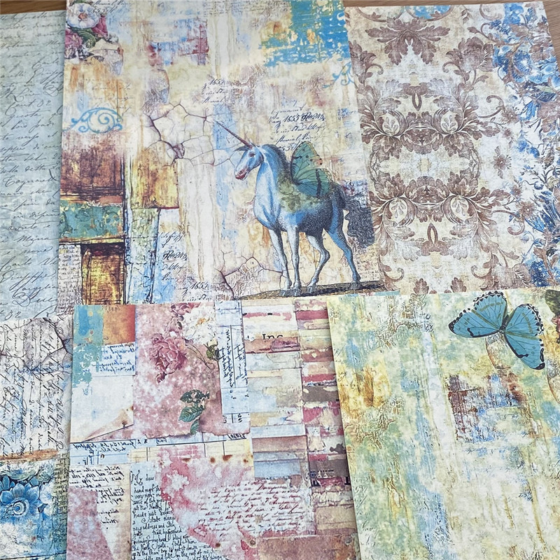 junk journal幻想独角兽浅绿蓝扎包背景纸手帐拼贴装饰摆拍素材