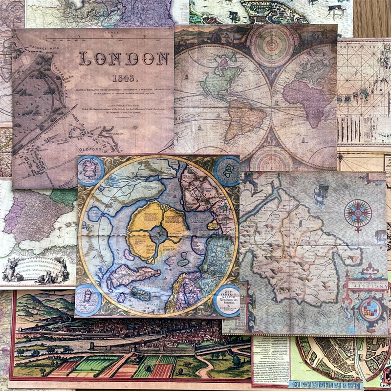 junk journal复古地图中世纪图纸 手帐拼贴装饰便签素材纸