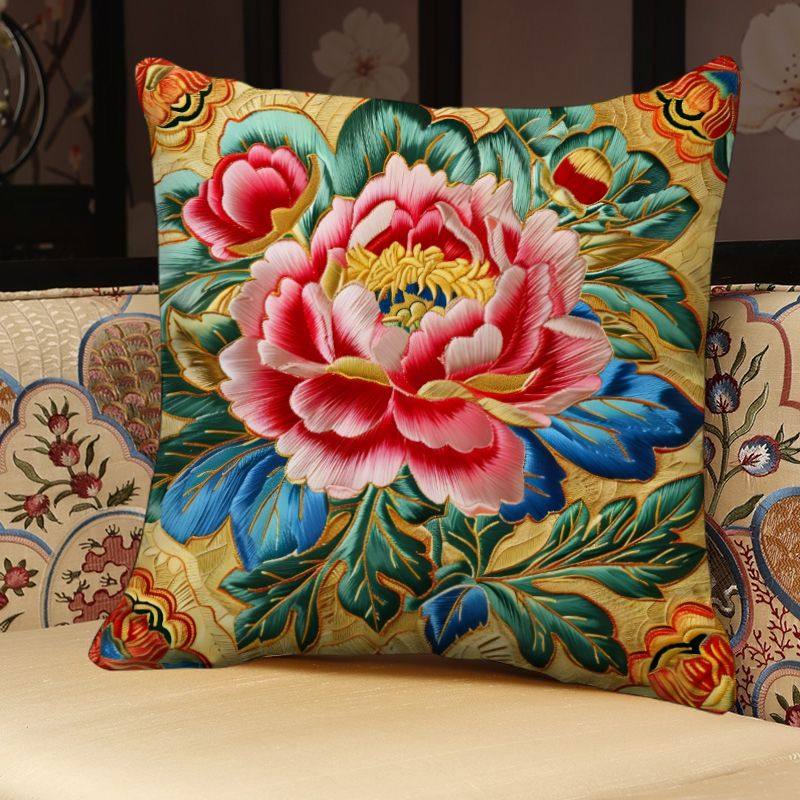 花开富贵牡丹花正方形抱枕花卉客厅沙发靠枕办公室腰靠垫可拆洗