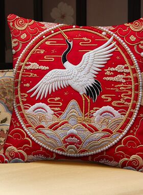 新中式仙鹤印花抱枕红色新年抱枕套含芯枕头靠垫抱枕靠垫可拆洗