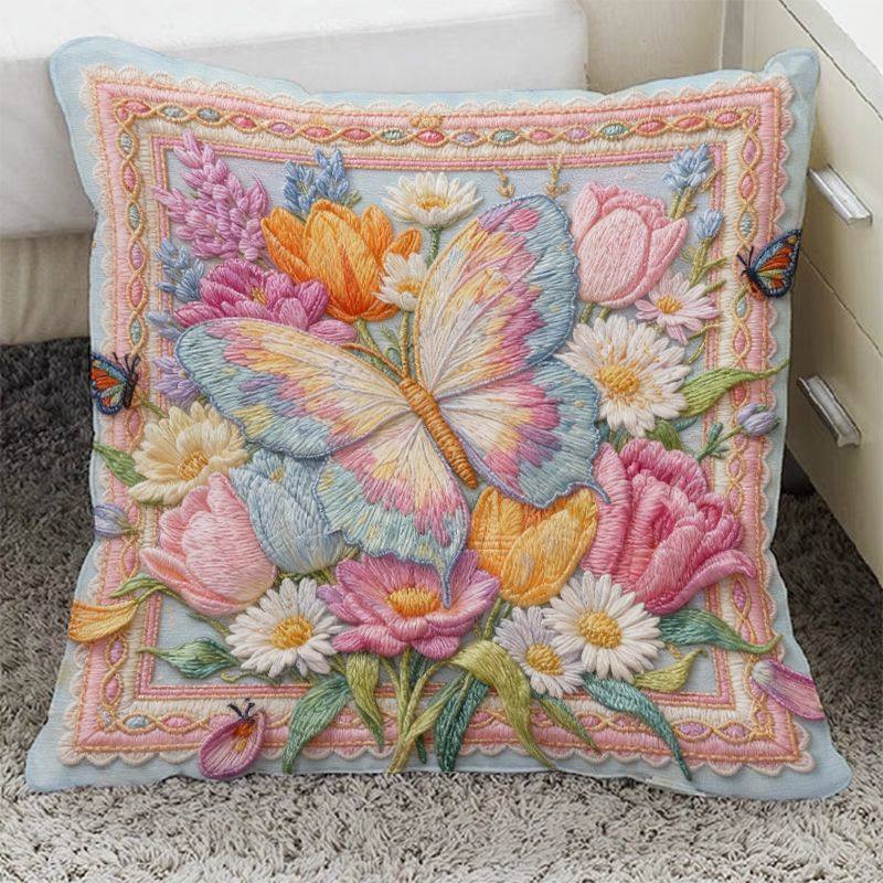 梦幻花卉蝴蝶抱枕新款复古家居印花平面卧室枕套客厅沙发床上靠垫
