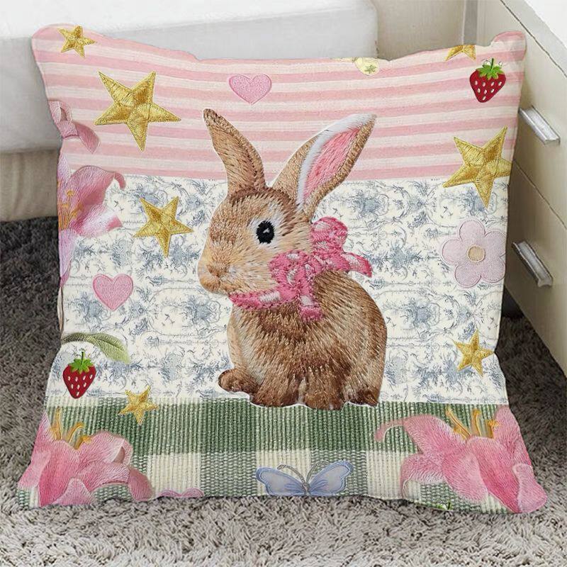 ins风可爱兔子抱枕花卉格子平面印花抱枕沙发客厅床头装饰靠枕垫