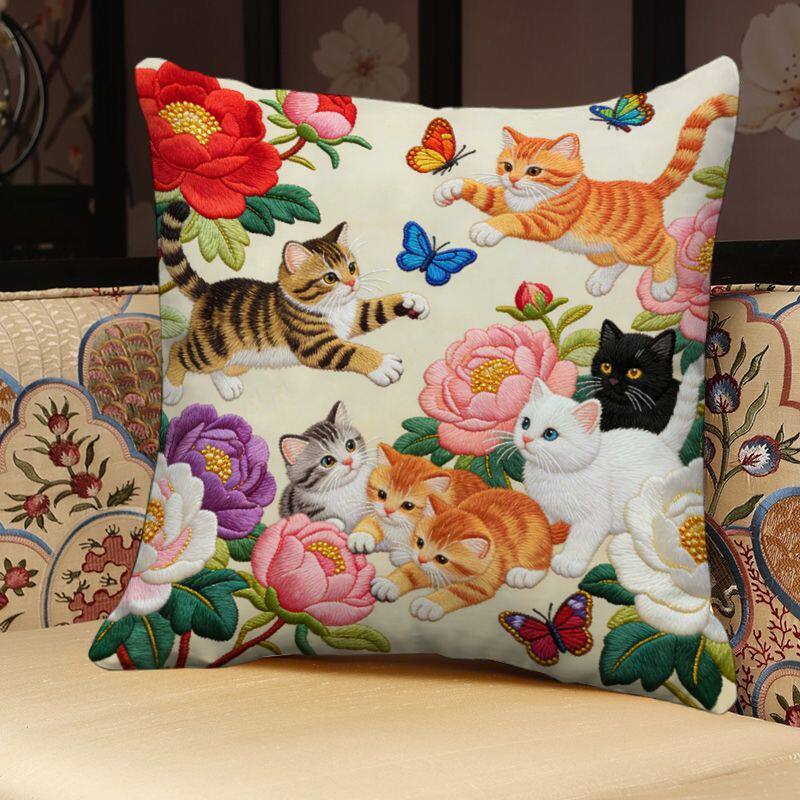 中式花卉猫咪嬉戏抱枕平面印花床上腰垫靠背书房茶室客厅沙发靠枕