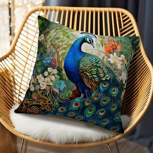 国风孔雀油画抱枕正方形客厅沙发车载超软靠垫房间床头腰枕可拆洗