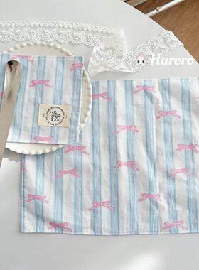 韩系ins风棉麻蓝色条纹简约餐桌垫可爱棉麻桌面装饰手账棉麻桌垫