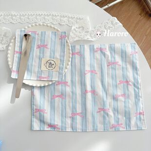 韩系ins风棉麻蓝色条纹简约餐桌垫可爱棉麻桌面装饰手账棉麻桌垫