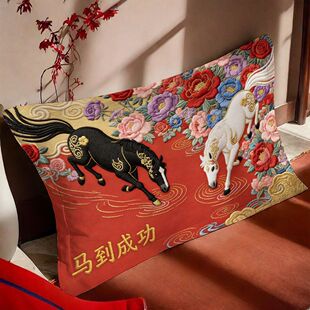 爆款马年大吉复古花卉抱枕红色喜庆客厅长方形沙发靠枕套通用背垫