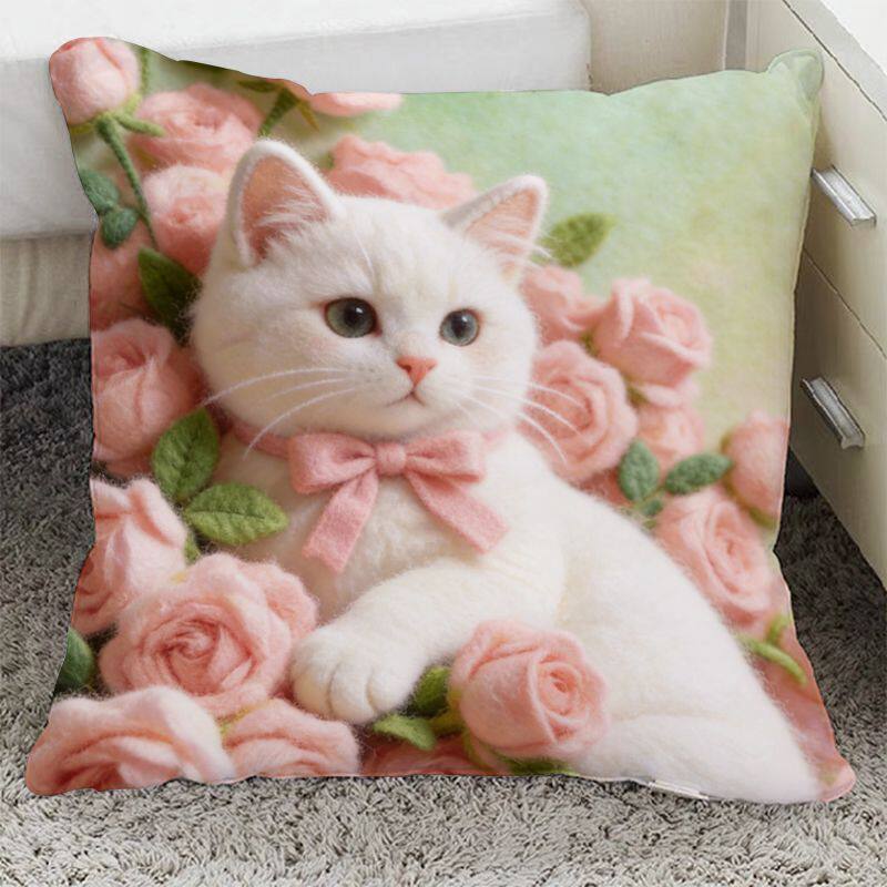 爆款可爱猫猫抱枕治愈系花卉平面印花装饰靠垫沙发靠枕抱枕可拆洗