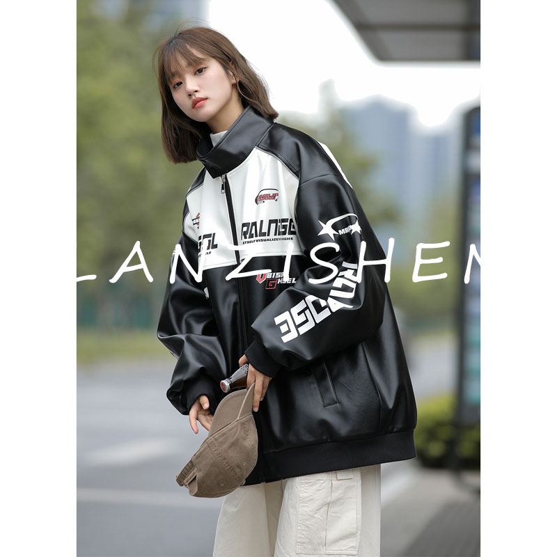 LANZISHEN赛车服外套男女同款新款棒球服痞帅PU皮夹克机车服潮