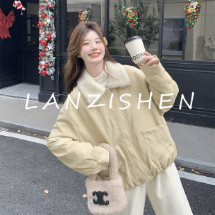 小个子流行 羊羔毛领工装 LANZISHEN奶黄色羽绒服女冬季 派克服短款
