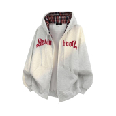 美式 复古哥特字母印花格纹学院风连帽卫衣