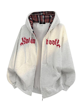 美式复古哥特字母印花格纹学院风连帽卫衣