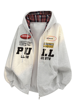 涂鸦机车徽章品牌印花撞色开衫拉链格子连帽卫衣