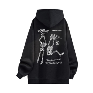 美式复古高街创意骷髅上篮字母印花加绒连帽卫衣