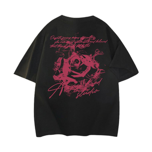XUT 美式高街复古背面烟雾玫瑰晕染印花纯棉短袖T恤