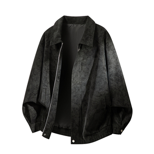 NOTTOMAD美式复古翻领皮夹克男女同款黑色短款帅气外套潮流上衣